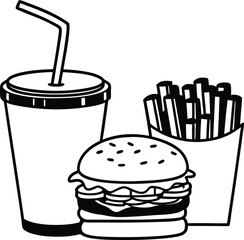 Illustration of a Fast Food Meal with Burger, Fries, and Beverages