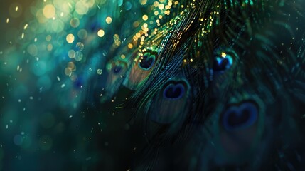 Mysterious peacock feathers with deep blue eyes against dark background with golden bokeh lights