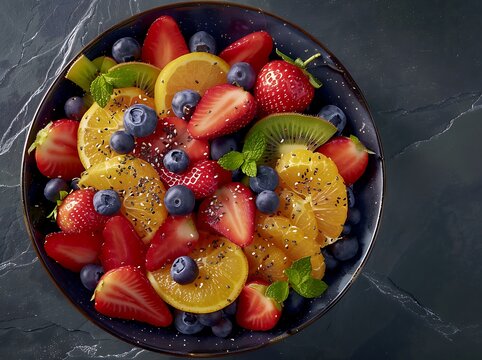 A Top-Down View of a Beautifully Arranged Fruit Bowl with Fresh Oranges, Kiwis, Strawberries, and Blueberries on a Rustic Wooden Table - Vibrant and Healthy Food Photography with Natural Light, Organi