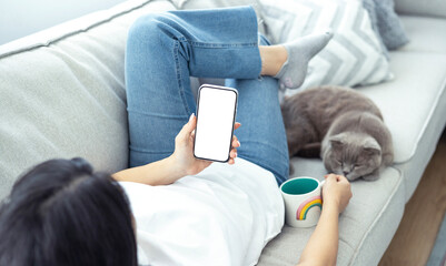 Woman hand holding a smartphone blank white screen and sitting on sofa at home with domestic cat and coffee	