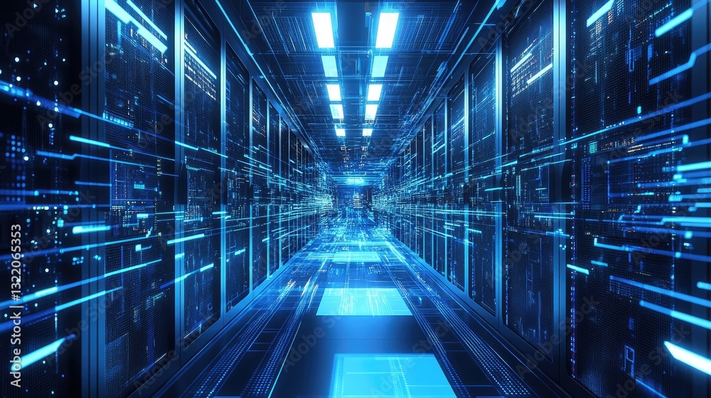 Poster A futuristic data center with glowing blue server racks and high-speed digital streams, creating a cyber-inspired environment. Ideal for cloud computing, AI, and cybersecurity themes