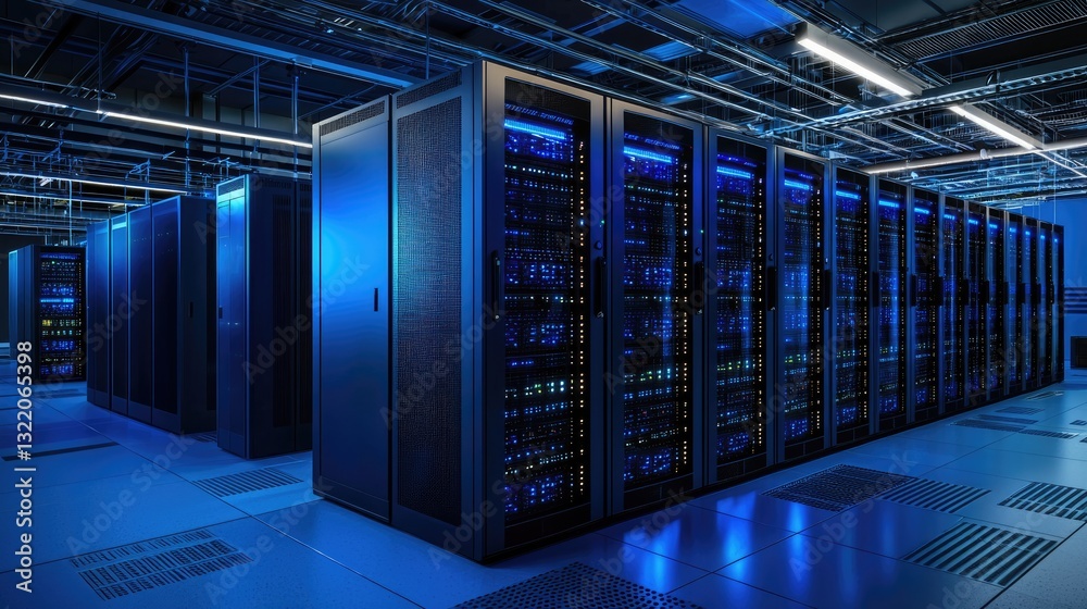 Poster A high-tech data center with rows of illuminated server racks glowing in blue light, surrounded by advanced network infrastructure. Ideal for cloud computing, AI, and cybersecurity themes