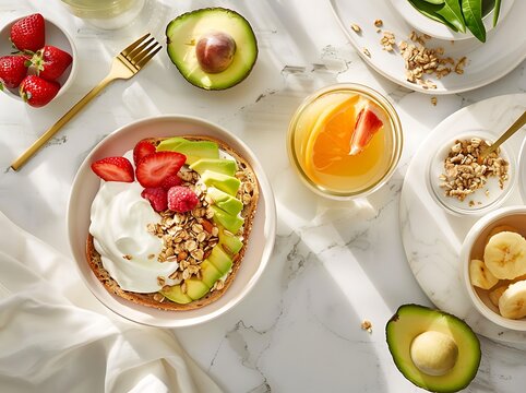 Elegant Flat Lay of a Healthy Breakfast Featuring Avocado Toast, Yogurt Parfait with Granola, Fresh Orange Juice, and a Bowl of Mixed Fruits on White Marble with Golden Cutlery and Linen Napkin 