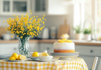 Bright and Cheerful Kitchen Scene with Lemon Cake and Fresh Flowers on a Yellow Checkered Tablecloth