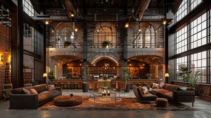 Cozy Industrial Living Room with Elegant Furniture and Warm Lighting