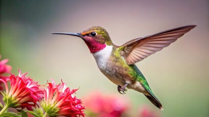 Hummingbird in Flight Near Flowers