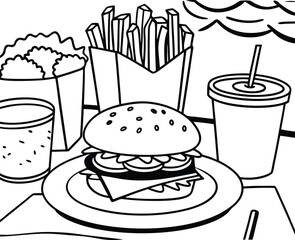 Illustration of a Fast Food Meal with Burger, Fries, and Beverages