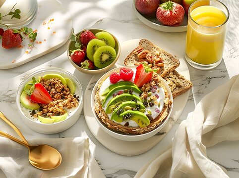 Elegant Flat Lay of a Healthy Breakfast Featuring Avocado Toast, Yogurt Parfait with Granola, Fresh Orange Juice, and a Bowl of Mixed Fruits on White Marble with Golden Cutlery and Linen Napkin 
