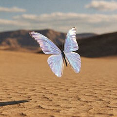 Iridescent butterfly over cracked desert