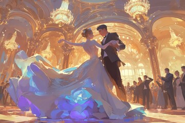 A dancing couple is waltzing gracefully in a grand ballroom