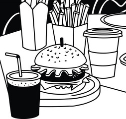 Illustration of a Fast Food Meal with Burger, Fries, and Beverages