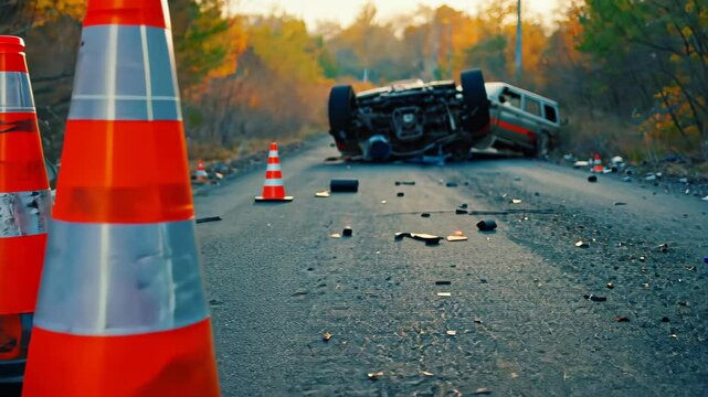 Traffic cones near car flipped after crash on countryside road with scattered debris. Aftermath of road accident. Concept of road safety and accident response