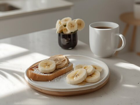 Minimalist Scandinavian Breakfast: Whole-Grain Toast with Almond Butter and Banana Slices, Paired with Black Coffee in a Modern White Kitchen with Wooden Accents