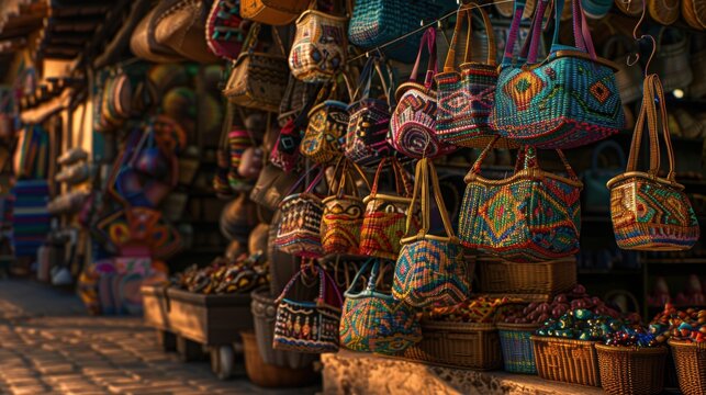 Colorful Handwoven Baskets Displayed in a Traditional Market Scene