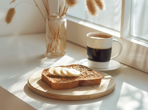 Minimalist Scandinavian Breakfast: Whole-Grain Toast with Almond Butter and Banana Slices, Paired with Black Coffee in a Modern White Kitchen with Wooden Accents