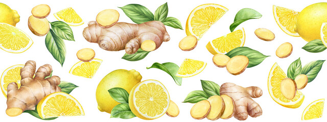 Horizontal seamless pattern with hand drawn watercolor ginger roots and lemons with slices and green leaves