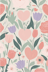 Beautiful Vectorial Design of Lilac Flowers and Roses and Hearts, Pastel Color Flowers and Hearts Pattern Design, Romantic Feminine and Delicate Children's Pattern Design