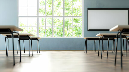 Fototapeta premium Modern Empty Classroom Interior With Desks Chairs Large Window And Natural Light