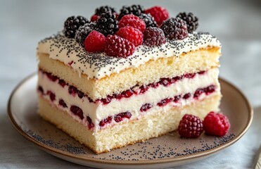 Vanilla cake with cream, berries, and poppy seeds on rustic plate, wooden table