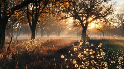 Tranquil Autumn Morning in a Misty Forest with Golden Light