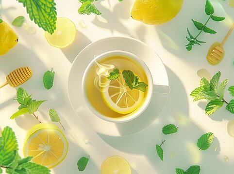 A top-down view of a steaming cup of green tea in a white ceramic cup, placed on a soft pastel background. The tea is surrounded by fresh mint leaves, sliced lemons, and a wooden honey dipper dripping
