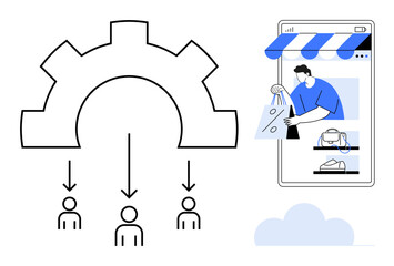 Gear dividing into three people, person handling shopping bag in smartphone storefront, cloud below. Ideal for e-commerce, digital marketing, business automation, online retail, consumer behavior