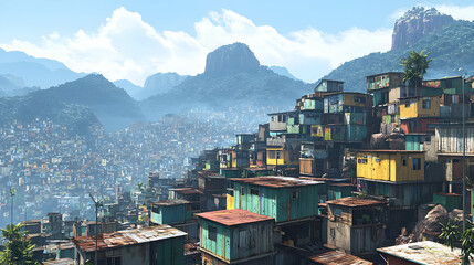 Fototapeta premium Panoramic View of a Densely Populated Favela on a Hillside with Colorful Houses and Haze in the Background