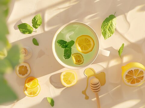 A top-down view of a steaming cup of green tea in a white ceramic cup, placed on a soft pastel background. The tea is surrounded by fresh mint leaves, sliced lemons, and a wooden honey dipper dripping
