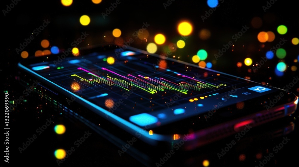 Poster futuristic smartphone displaying a vibrant audio spectrum analyzer on its screen, set against a back