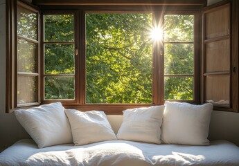 Fototapeta premium Bright Sunlight Streaming Through Open Windows with Cozy Cushions on a Window Seat Surrounded by Fresh Green Foliage and Natural Light