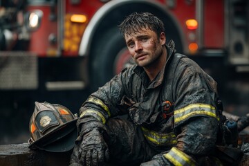 A tired firefighter covered in soot and dirt takes a moment to rest after a difficult rescue operation in a city setting, exhausted yet determined Generative AI