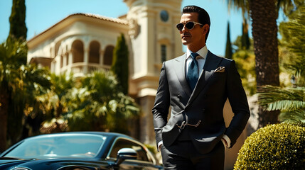 Wealthy businessman in a luxurious outfit, standing in front of a villa with a high-end car