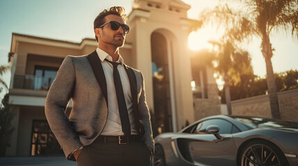 Wealthy businessman in a luxurious outfit, standing in front of a villa with a high-end car