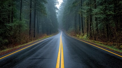Fototapeta premium Road through foggy forest. Wet asphalt reflects trees under misty sky