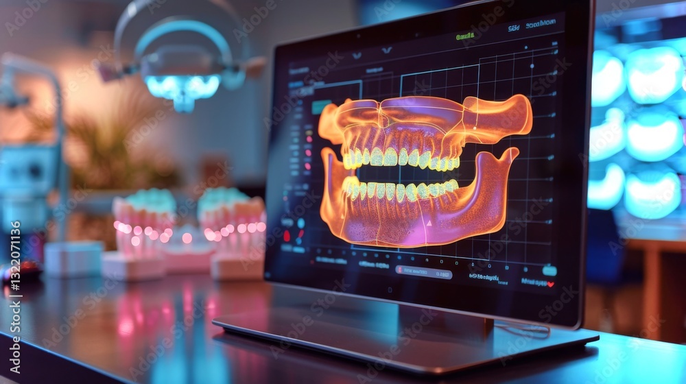 Poster a cutting edge dental technology, setup highlights a vibrant 3d visualization of dental anatomy on a