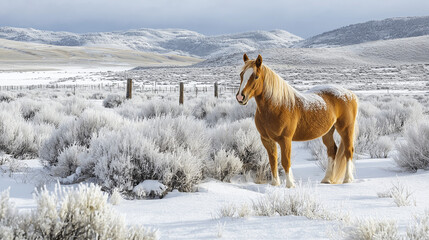 Obraz premium Wild horse standing in snow-covered field during winter