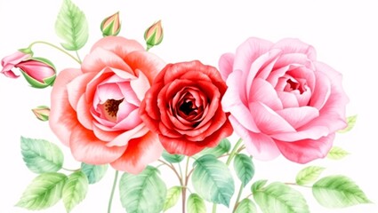 Fototapeta premium Lush Watercolor Roses in a Delicate Floral Border