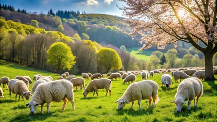 Obraz premium Sheep Grazing in Spring Pasture