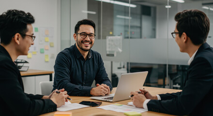 ** Teamwork Triumph: Asian Businessmen Collaborate in Modern Office, Smiling Success & Laptop Productivity