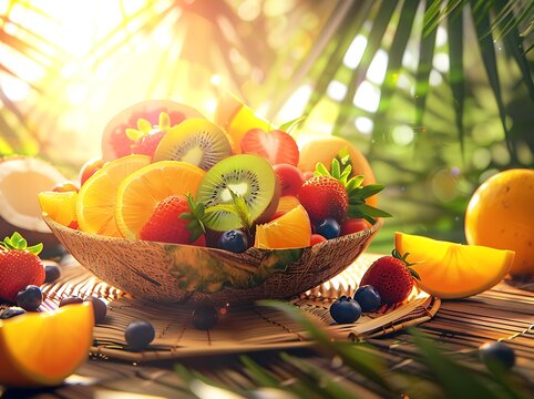 Tropical Fruit Medley Flat Lay: Juicy Oranges, Ripe Strawberries, Sweet Blueberries, and Vibrant Kiwis on Bamboo Mat with Palm Leaves and Coconut Accents