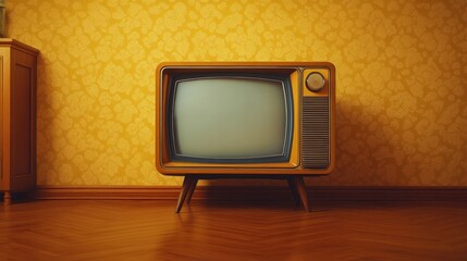 Vintage television resting on wooden floor against yellow retro wallpaper, capturing mid century interior design and nostalgic home decor