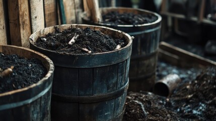 Wooden compost barrels standing in garden, supporting sustainable agriculture through organic soil enrichment and nutrient dense plant cultivation