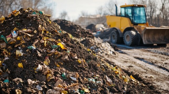 Wheel loader sorting garbage at landfill, processing recyclable materials under bright sunlight, addressing waste management with industrial precision and efficiency - Powered by Adobe