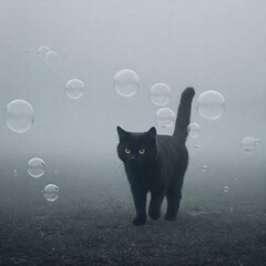 Black cat and soap bubbles in foggy meadow