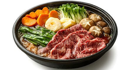 Fototapeta premium Delicious Suki Yaki Pot Dish with Fresh Vegetables and Tender Meat Ready for Serving
