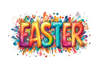 Easter text with vibrant splashes and cheerful lettering in a joyful arrangement isolated on transparent background