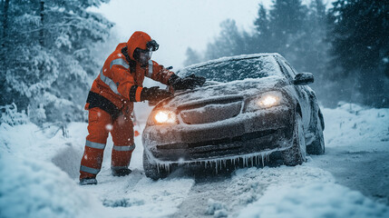 Emergency worker assisting stranded car in snowstorm