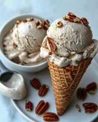 Delicious Homemade Ice Cream Served in a Cone and Bowl With Pecans on a Plate