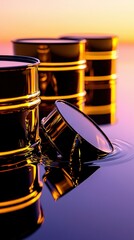   A cluster of steel boxes rests atop a table against a vibrant lavender and gold backdrop, with the container's lid mirrored in the reflection