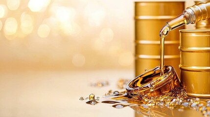   A zoomed-in image of an oil bottle being poured from a can onto a gold coin pile on a table